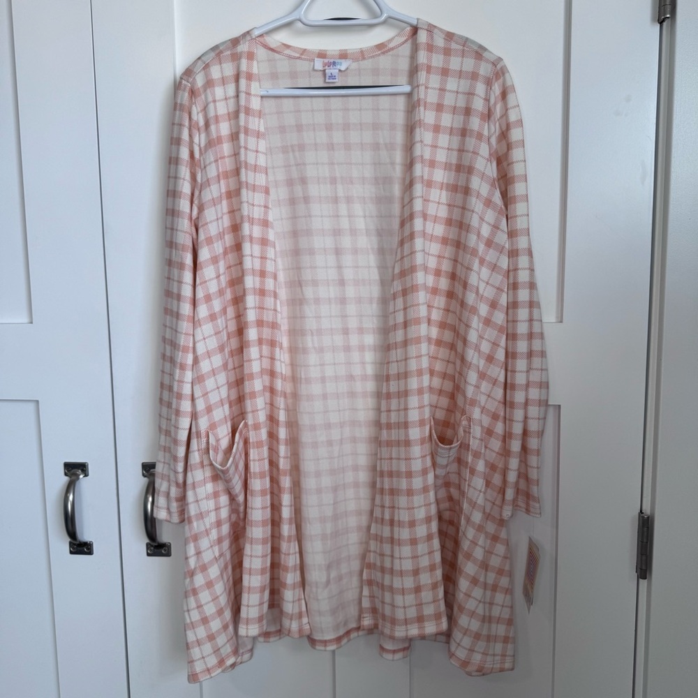 NWT Lularoe Women's Large Caroline Cardigan White &‎ Pink Gingham Plaid Print